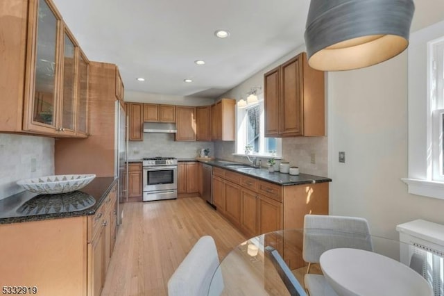 kitchen with tasteful backsplash, appliances with stainless steel finishes, sink, and light hardwood / wood-style flooring