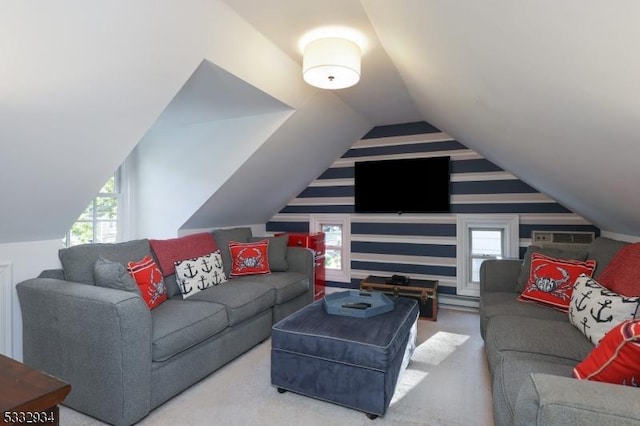 living room featuring vaulted ceiling and carpet floors