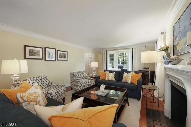 living room featuring crown molding