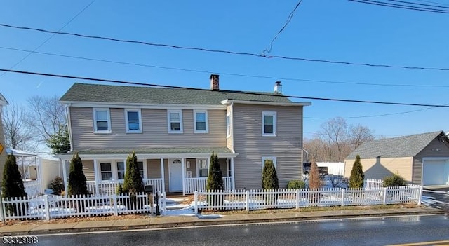 1041 County Road 519, Kingwood Twp, NJ 08825 - colonial-style house with a chimney, a fenced front yard, a garage, and covered porch