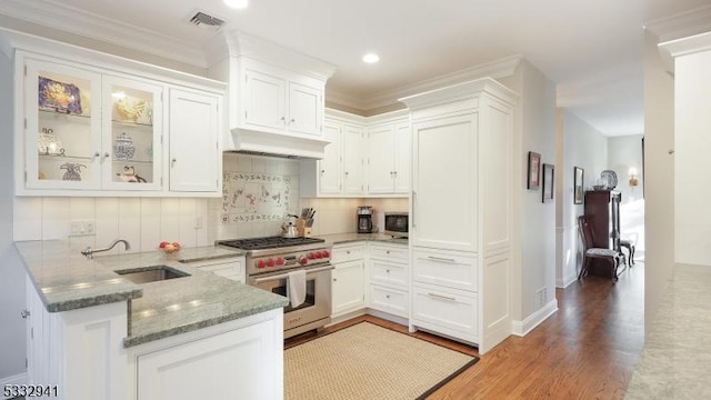 kitchen featuring luxury stove, white cabinetry, dark stone counters, tasteful backsplash, and sink