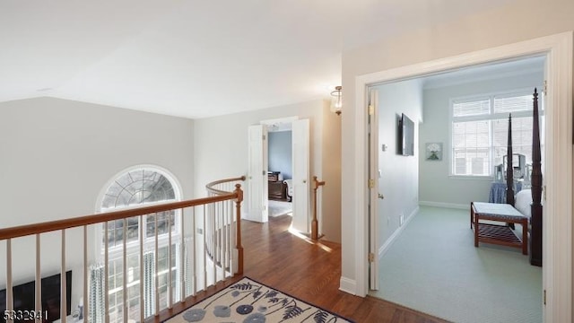 hall featuring hardwood / wood-style flooring and lofted ceiling