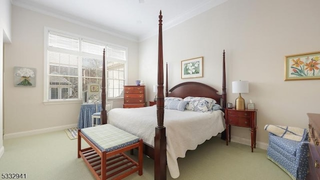 bedroom featuring light carpet and ornamental molding