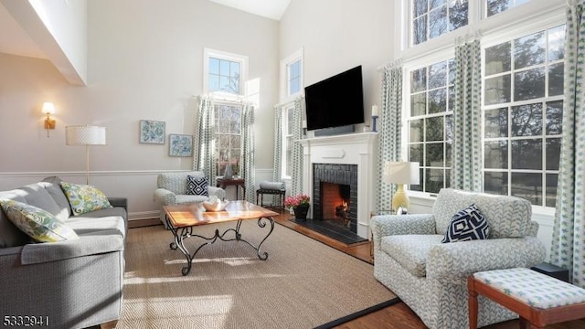 living room with a towering ceiling and hardwood / wood-style flooring