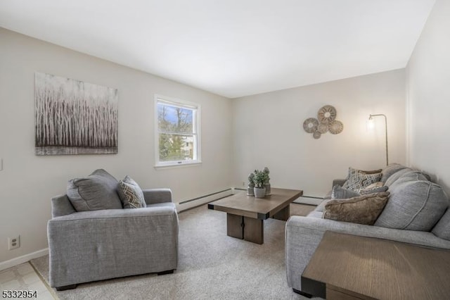 living room with a baseboard heating unit and carpet flooring