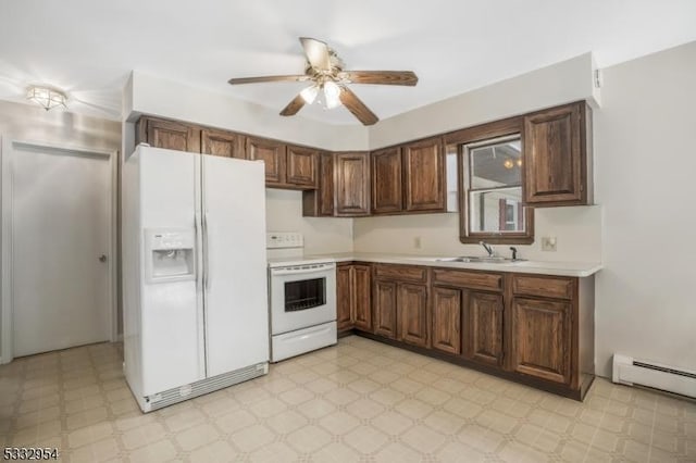 kitchen featuring ceiling fan, sink, white appliances, and a baseboard heating unit