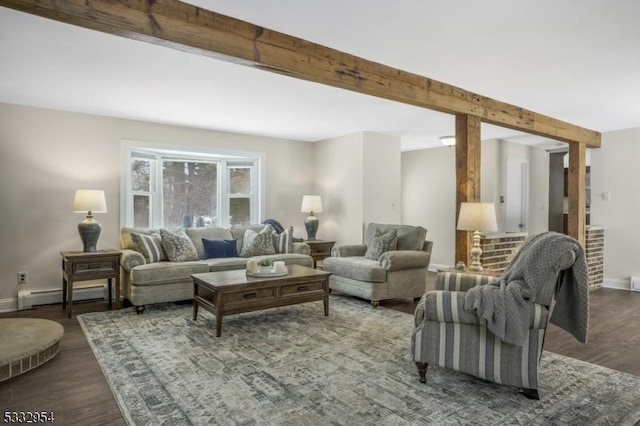 living room with dark wood-type flooring, a baseboard radiator, and beam ceiling