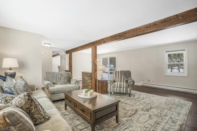 living room with beamed ceiling, hardwood / wood-style floors, and a baseboard heating unit