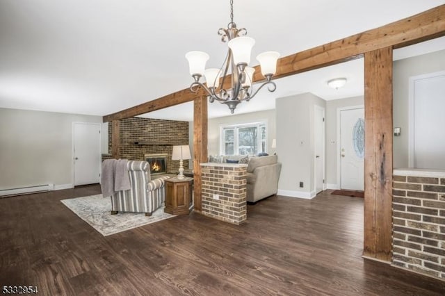 unfurnished living room featuring a fireplace, a baseboard radiator, a chandelier, and dark hardwood / wood-style flooring