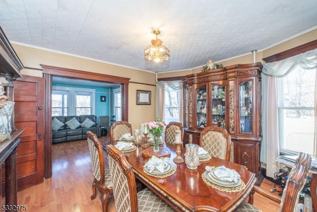 dining room featuring crown molding and light hardwood / wood-style floors