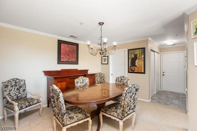 dining area featuring light carpet, an inviting chandelier, and ornamental molding