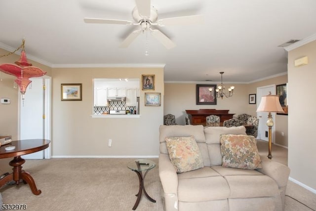 carpeted living room featuring ceiling fan with notable chandelier and crown molding