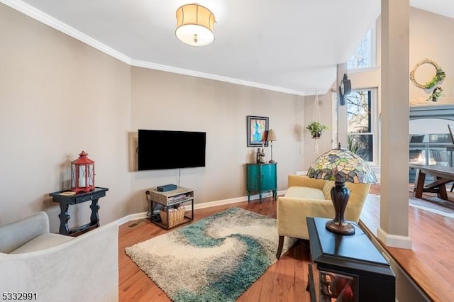 living room with hardwood / wood-style flooring and ornamental molding