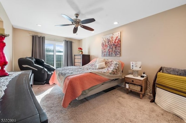 bedroom with ceiling fan, access to exterior, and light colored carpet