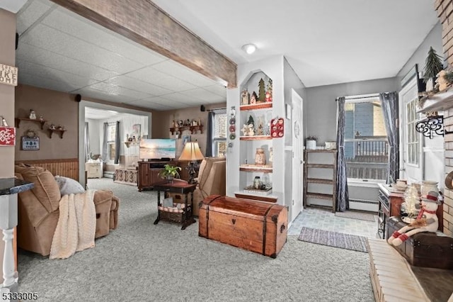 living room with baseboard heating, plenty of natural light, and carpet floors