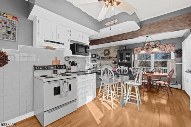 kitchen with ceiling fan, white cabinets, white electric range, and hanging light fixtures