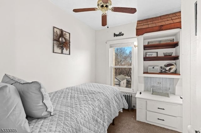 bedroom featuring ceiling fan, radiator, and light carpet