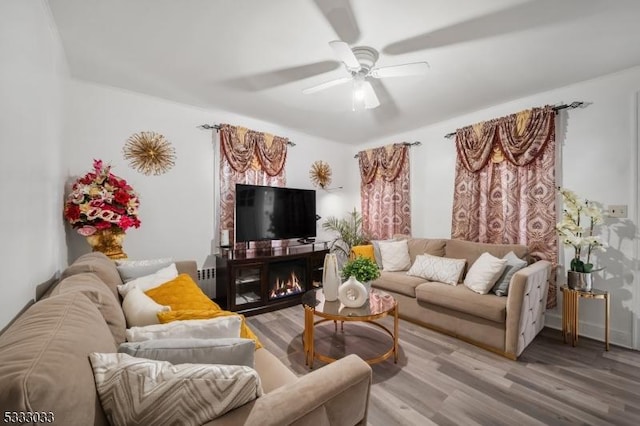 living room featuring wood-type flooring and ceiling fan