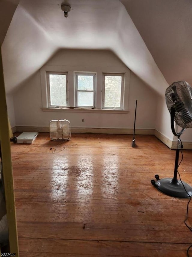 additional living space with vaulted ceiling and light hardwood / wood-style flooring