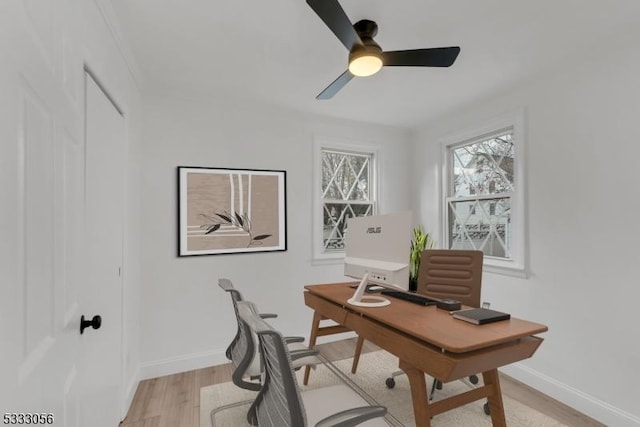 office space featuring ceiling fan and light hardwood / wood-style floors