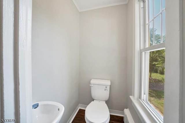 bathroom with plenty of natural light, hardwood / wood-style floors, toilet, and ornamental molding