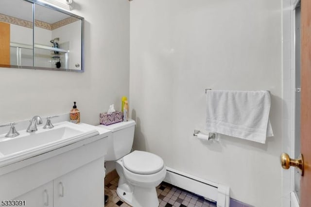 bathroom featuring a baseboard heating unit, toilet, walk in shower, and vanity