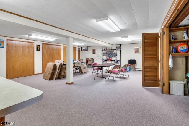 basement featuring baseboard heating and light carpet