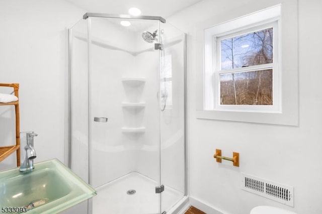 bathroom featuring a shower with shower door and sink