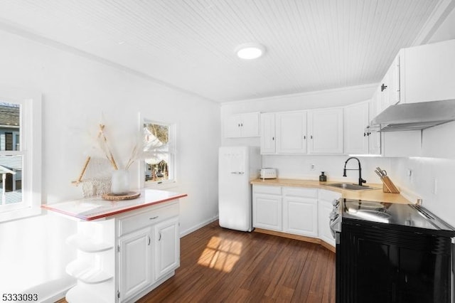 kitchen with electric range oven, white cabinets, white refrigerator, sink, and dark hardwood / wood-style floors