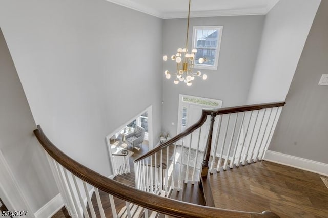 staircase featuring a notable chandelier, a healthy amount of sunlight, ornamental molding, and hardwood / wood-style floors