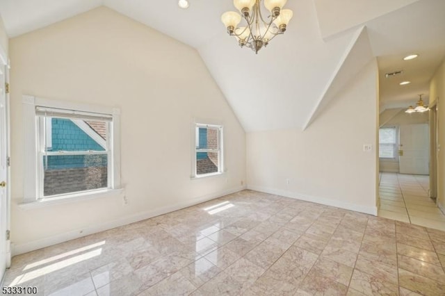 additional living space with vaulted ceiling and a notable chandelier