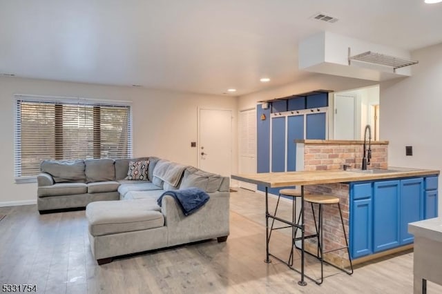 living room with light wood-type flooring and sink