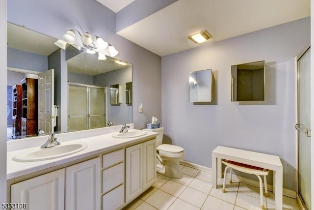 bathroom featuring tile patterned floors, an enclosed shower, vanity, and toilet