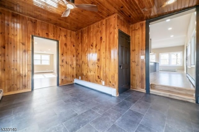 spare room with baseboard heating, wooden walls, and wooden ceiling