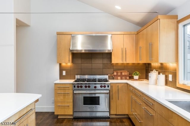 kitchen featuring high end stainless steel range oven, decorative backsplash, dark hardwood / wood-style floors, and exhaust hood