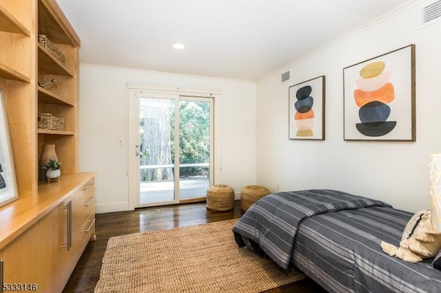 bedroom featuring access to exterior, ornamental molding, and dark hardwood / wood-style flooring