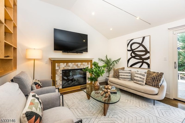 living room with wood-type flooring, lofted ceiling, and a fireplace