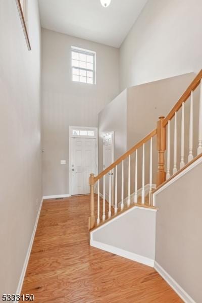 entrance foyer with a towering ceiling and hardwood / wood-style floors