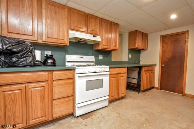 kitchen with white range with gas cooktop, a drop ceiling, and sink