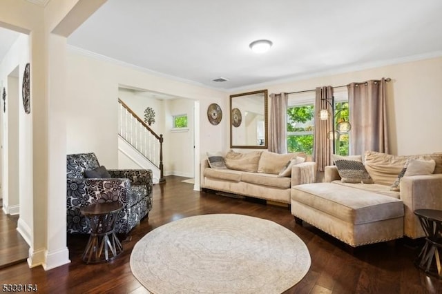 living room featuring dark hardwood / wood-style flooring and ornamental molding