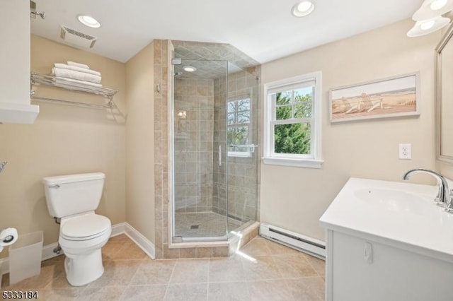 bathroom with visible vents, tile patterned flooring, toilet, baseboard heating, and a shower stall