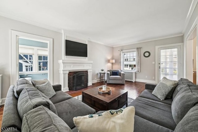 living area with radiator, ornamental molding, a brick fireplace, and wood finished floors