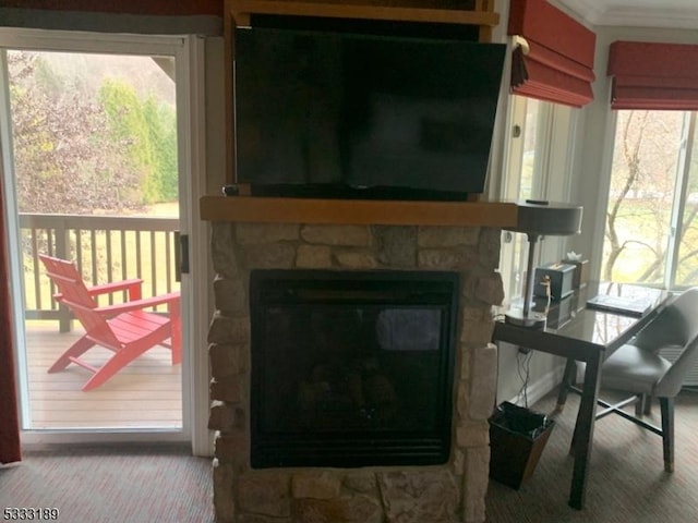 interior space featuring crown molding and a stone fireplace