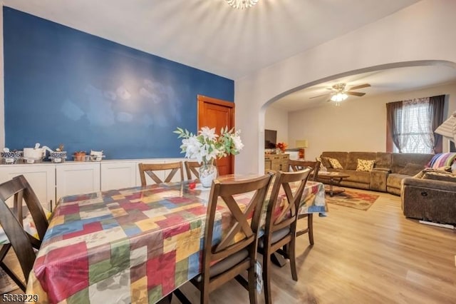 dining room featuring light wood-type flooring and ceiling fan