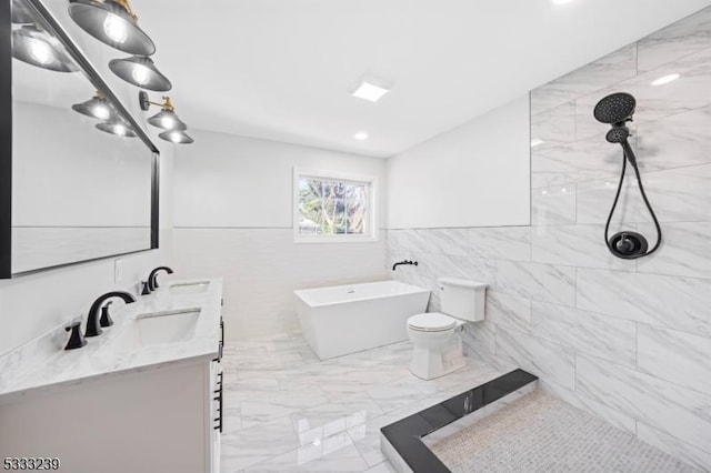 bathroom with toilet, vanity, tile walls, and a washtub