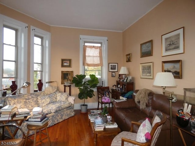 living room featuring ornamental molding and hardwood / wood-style flooring