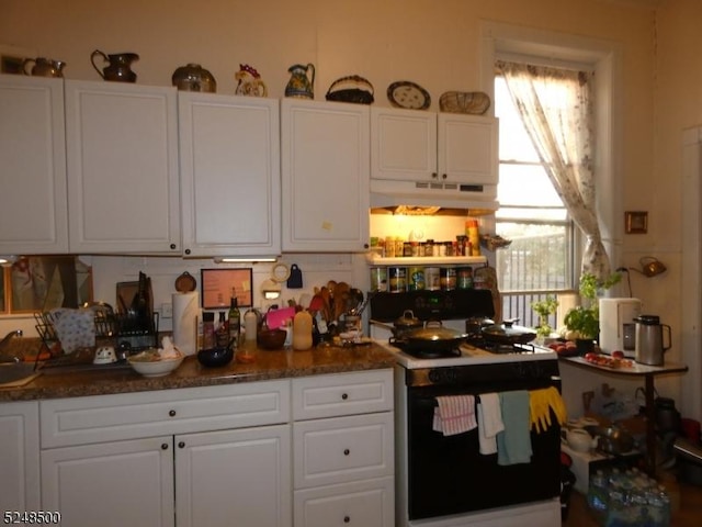 kitchen featuring range and white cabinets