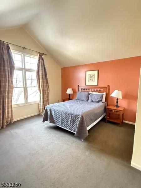 bedroom featuring lofted ceiling and dark colored carpet