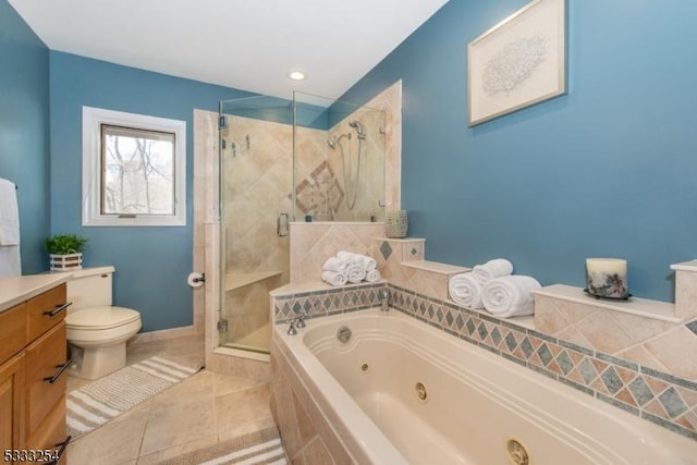 full bathroom with toilet, tile patterned floors, plus walk in shower, and vanity