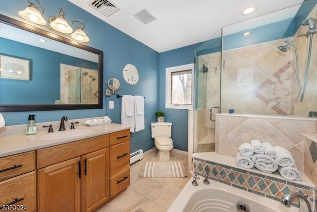 full bathroom featuring toilet, a baseboard radiator, vanity, plus walk in shower, and tile patterned flooring